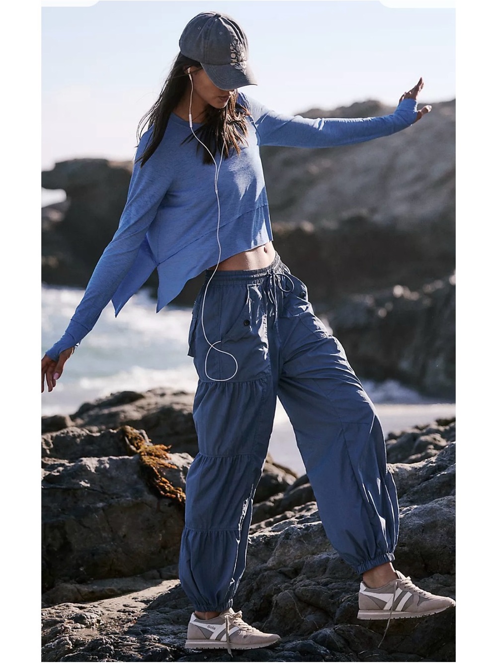 Women's Blue Jogger Cargo Pants - Casual Elastic Waist